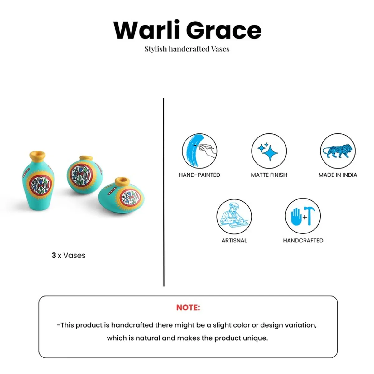 Product graphic with three hand-painted vases and feature icons
