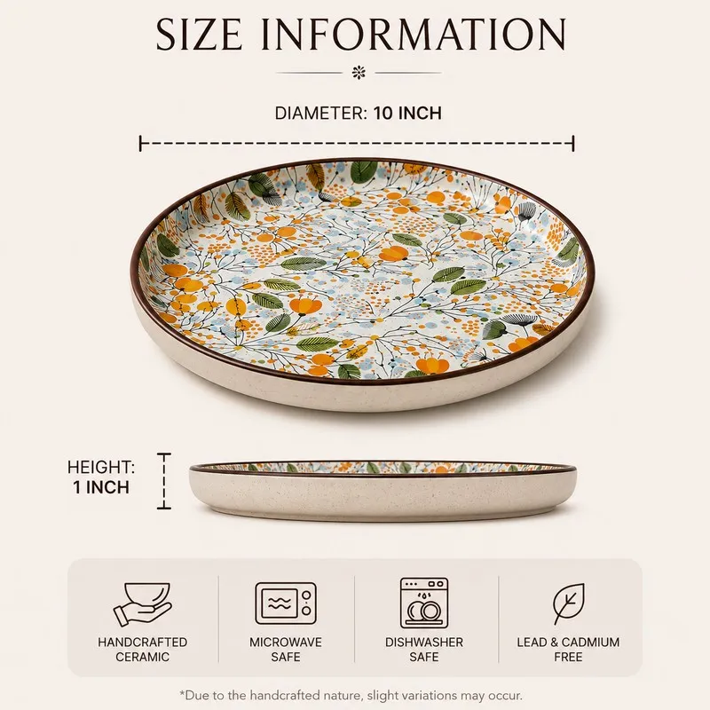 Round botanical-pattern plate shown with printed size information graphic