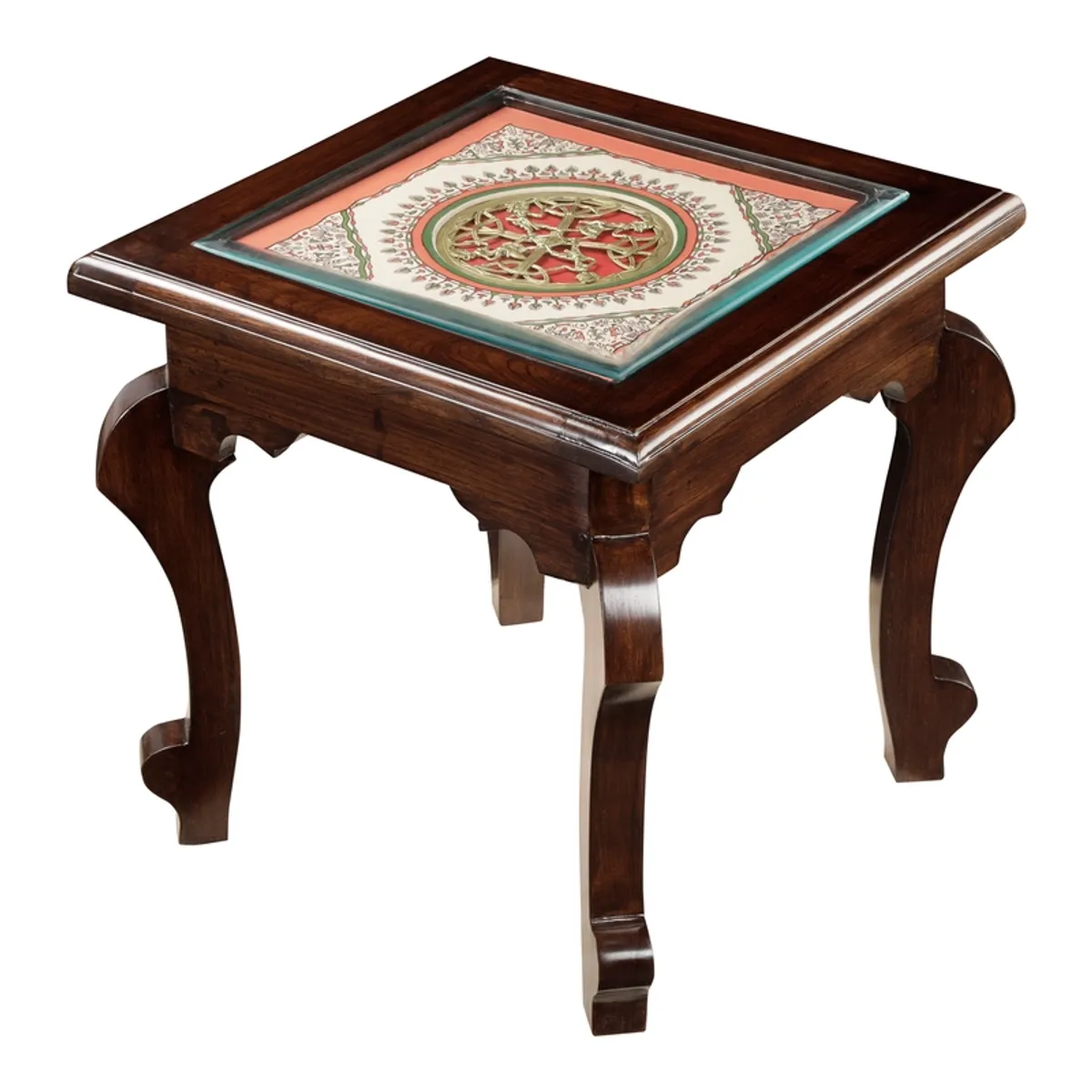 Studio view of brown teak wood side table with square top