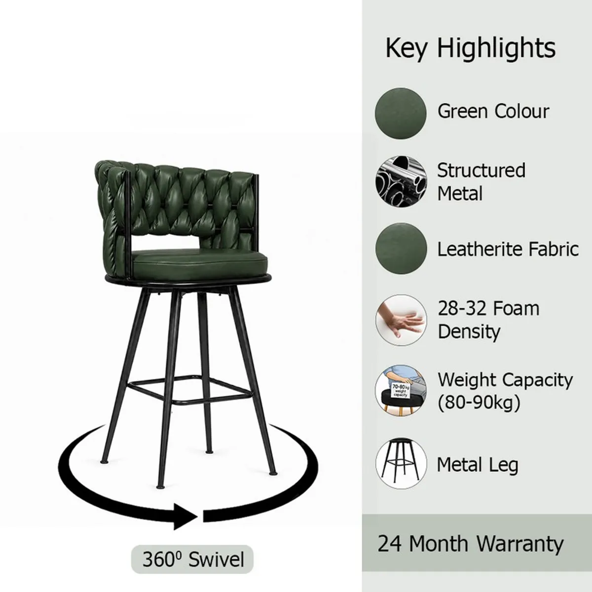 Green bar stool shown with textured upholstery, black metal legs and product highlights.