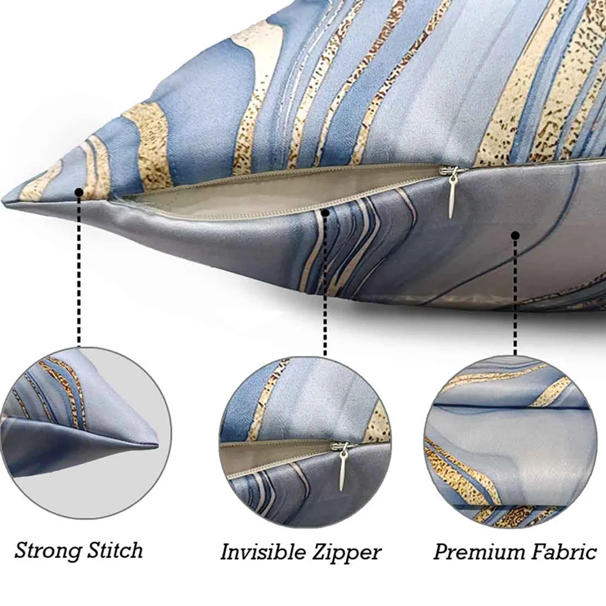 Close-up of blue cushion cover showing its zip closure and pointed seam.