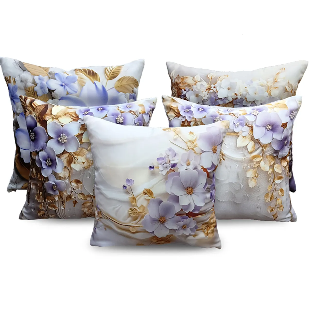 Five white and purple floral cushion covers shown together