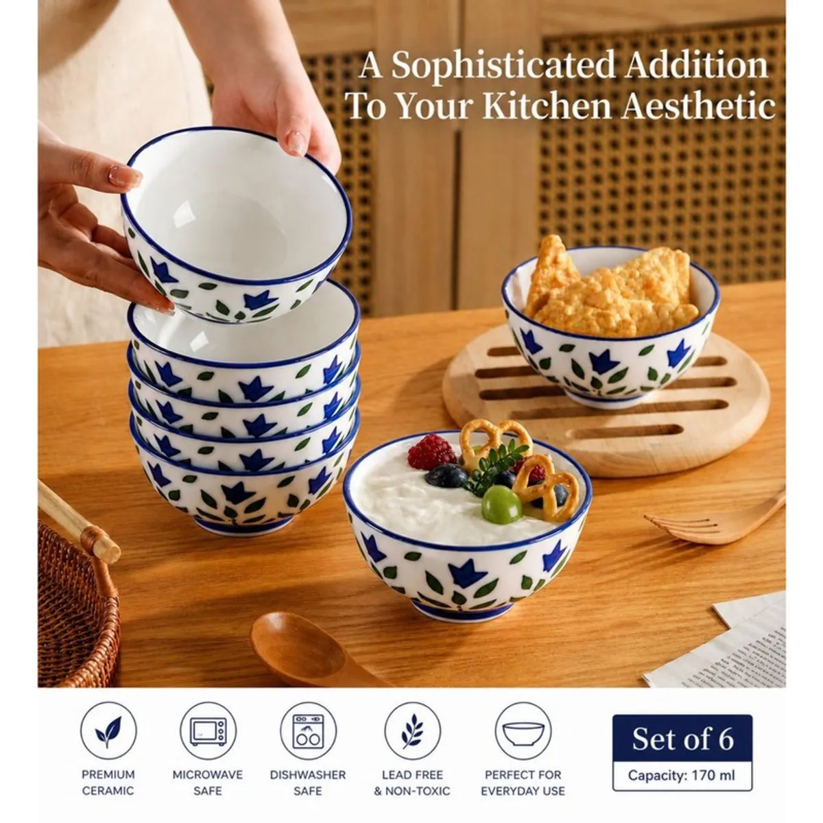 Floral ceramic bowls shown with soup, fruit, yoghurt, snacks and dessert