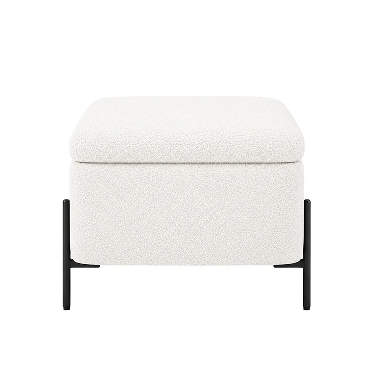 Rear view of a white upholstered bench with black metal support legs