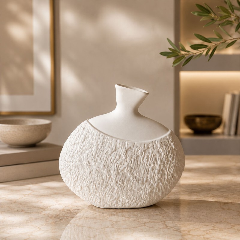 Aurelle Textured Ceramic Decorative Vase - White - Small