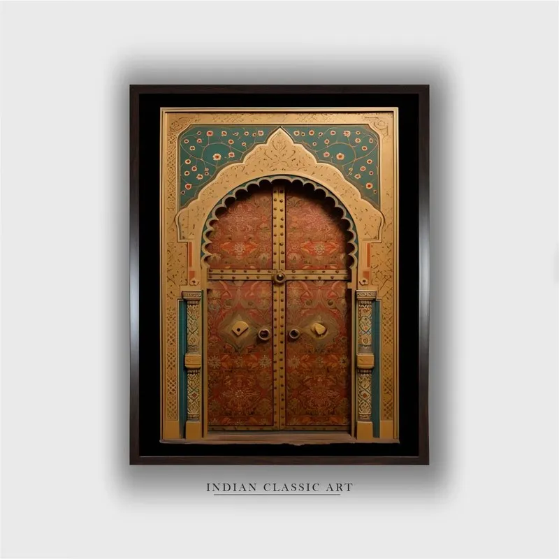 Front view of framed wall painting featuring an Indian-style arched door design