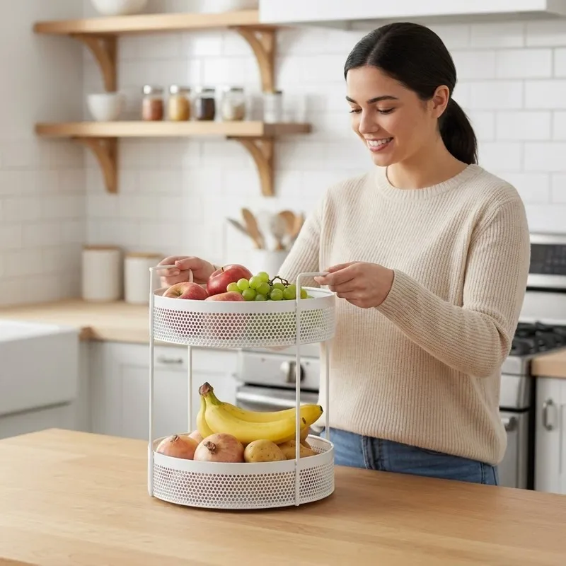 Person lifting the white two-tier organiser filled with fruit