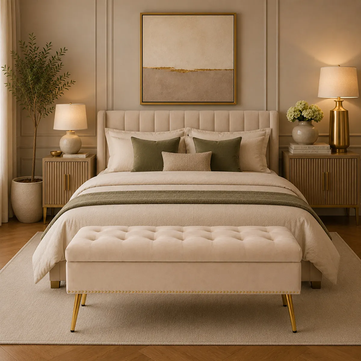 Beige lounge bench positioned at the foot of a styled bed.