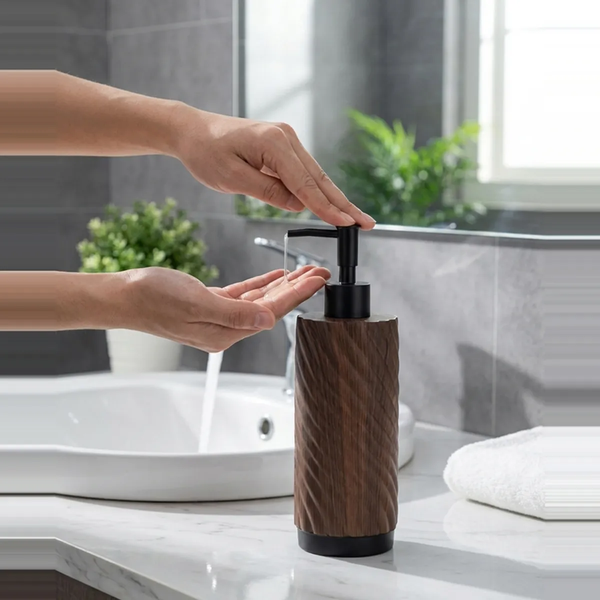 Hand pressing brown soap dispenser with black pump beside sink