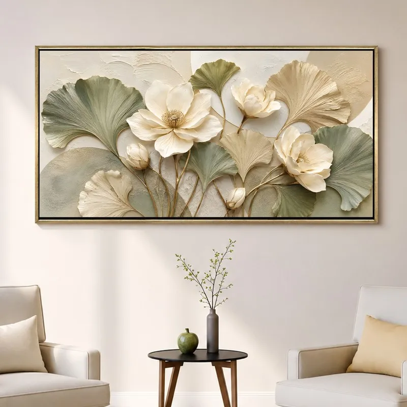 Botanical floral canvas wall painting in a rectangular gold-toned frame