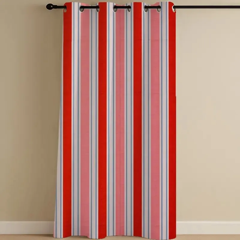 Full view of red and pink striped curtain on a black rod