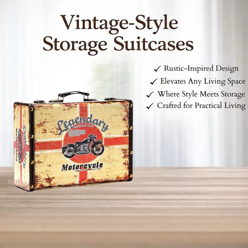Vintage-style suitcase storage box with distressed beige and red motorcycle design