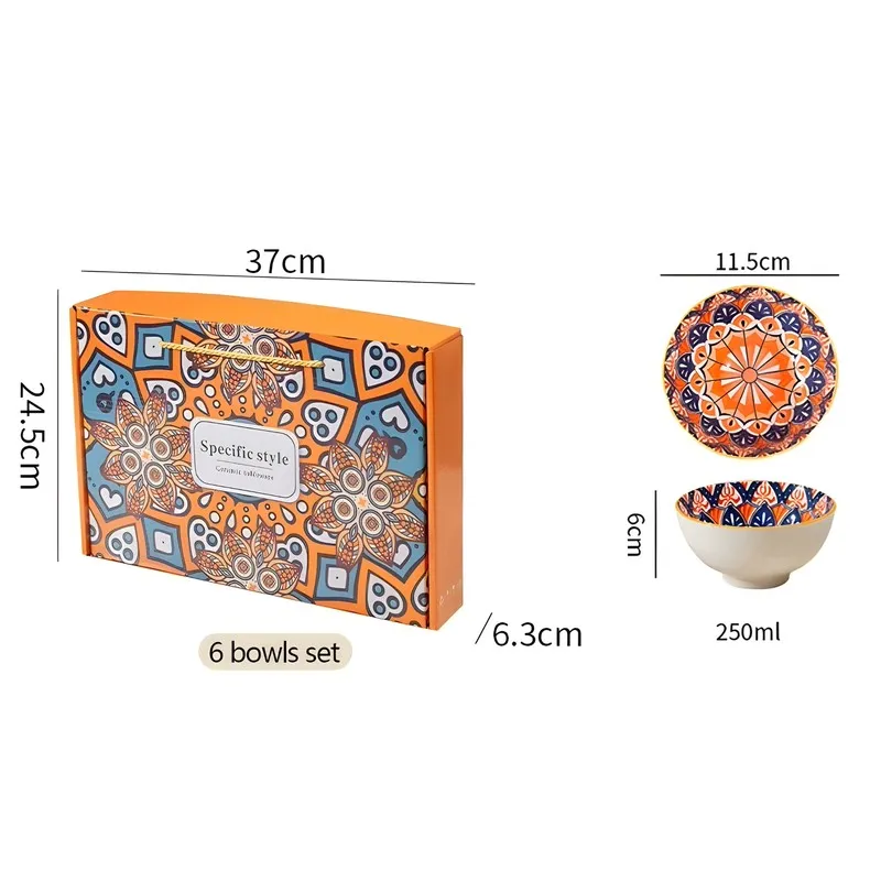 Six patterned bowls shown with an orange box and visible product measurement graphics.
