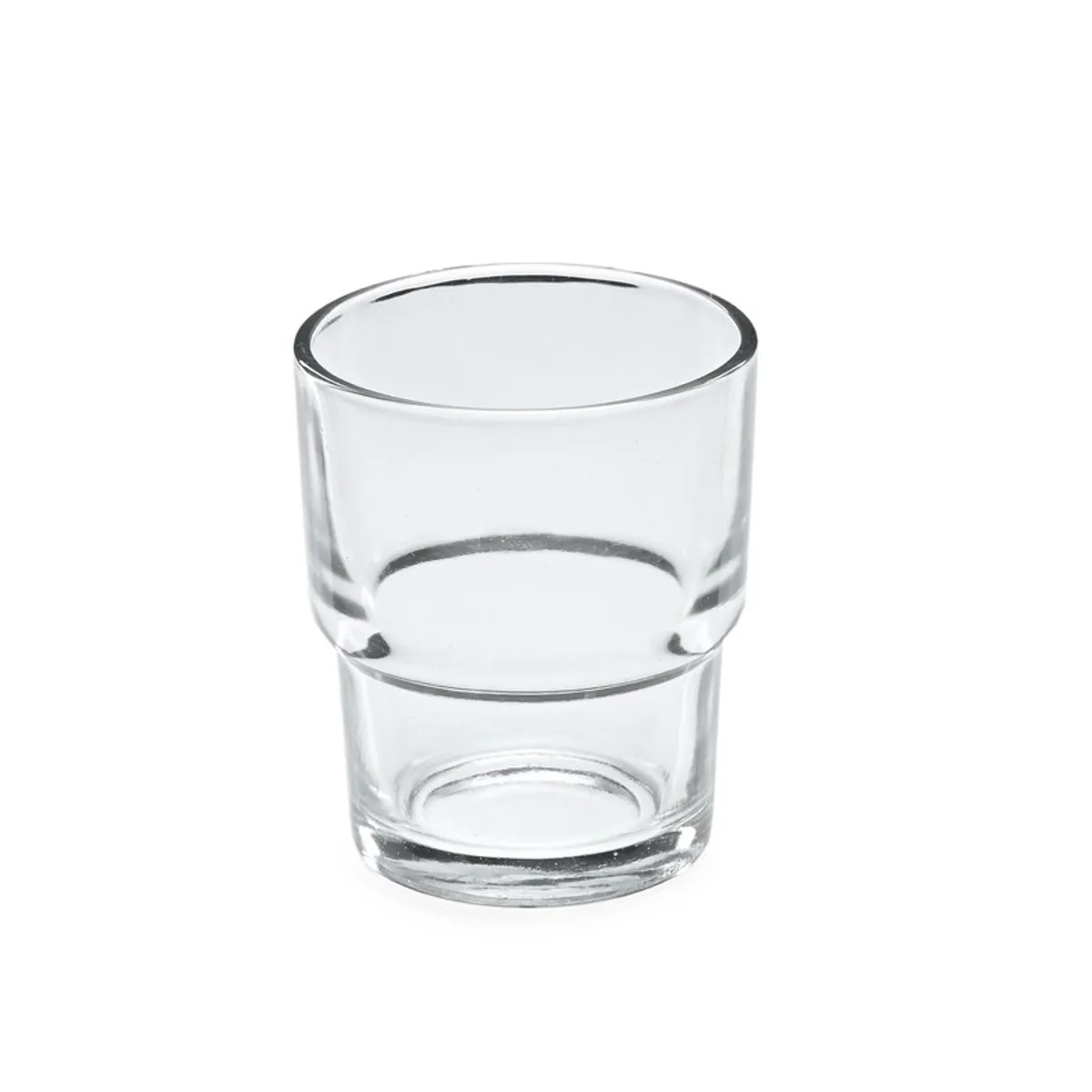 Single empty clear cylindrical glass shown against a white background