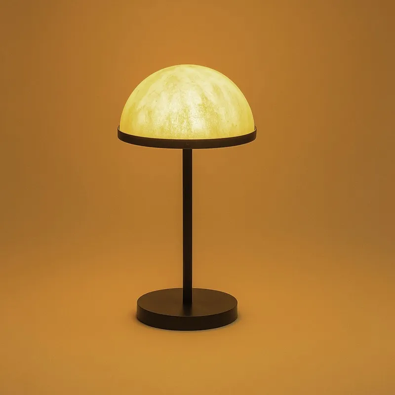 Lit dome table lamp with off-white marbled shade and black stand