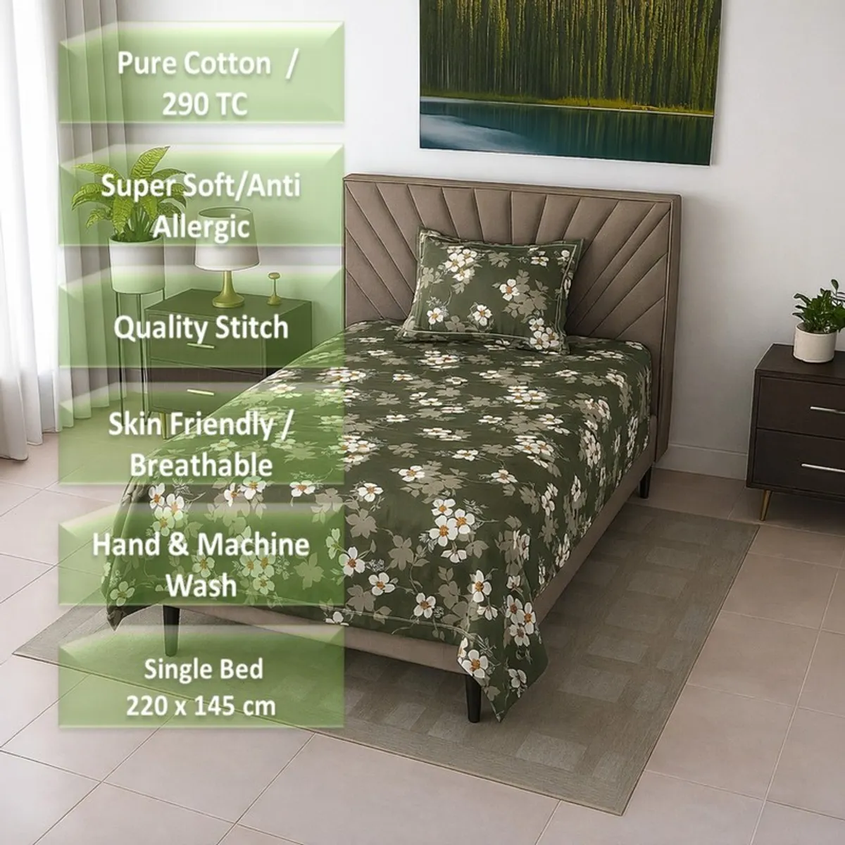 Green floral bedsheet on a single bed in a bedroom setting