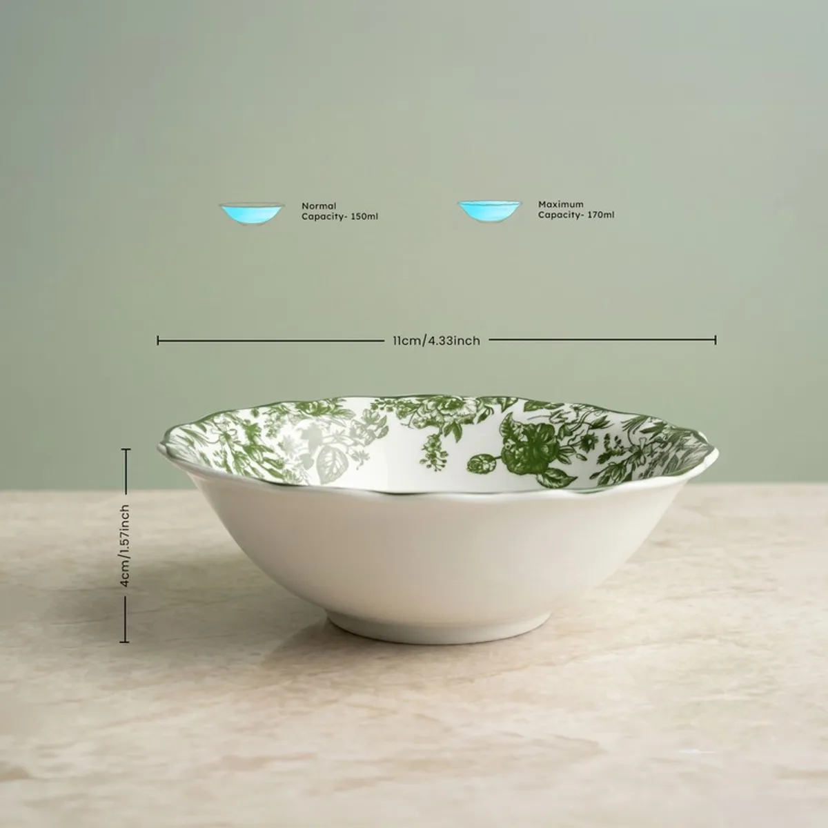 Green and white floral porcelain bowl shown from the side