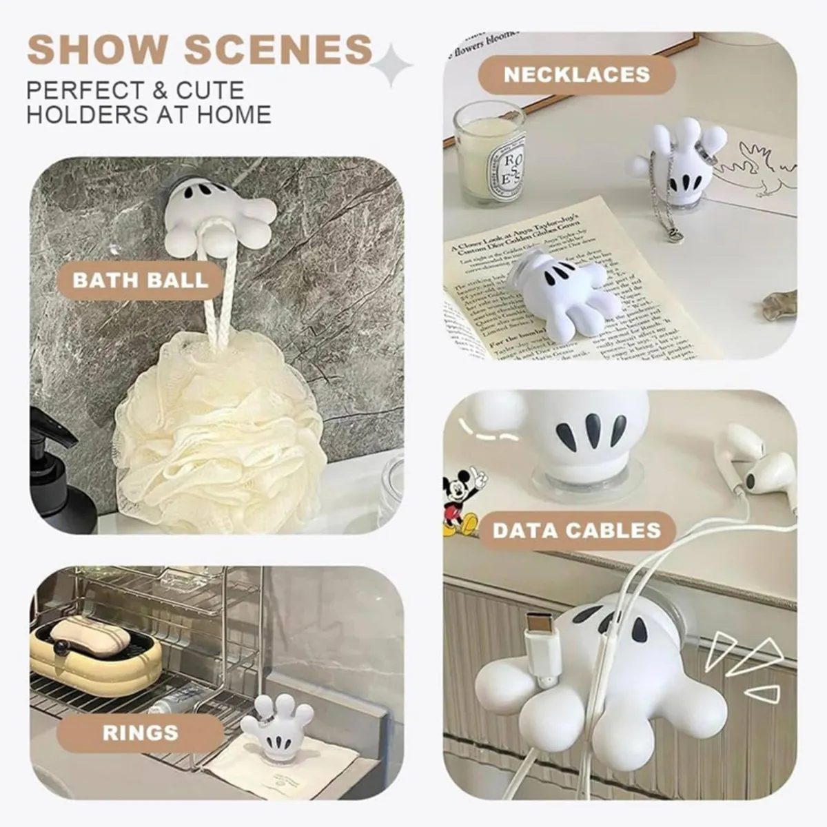 Collage showing white hooks used for a bath sponge, necklace, rings and cables