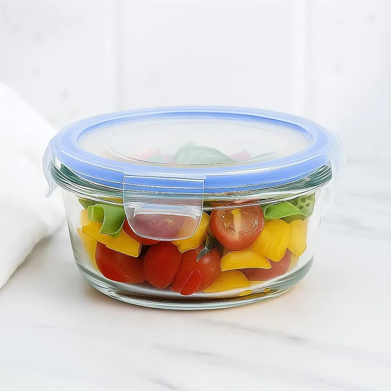 Single round glass food container with blue lid filled with chopped vegetables