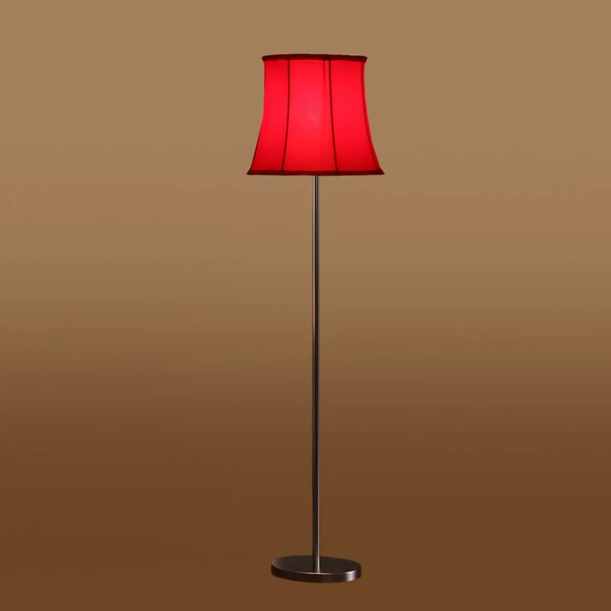 Red floor lamp with slim silver stand against a soft brown gradient background