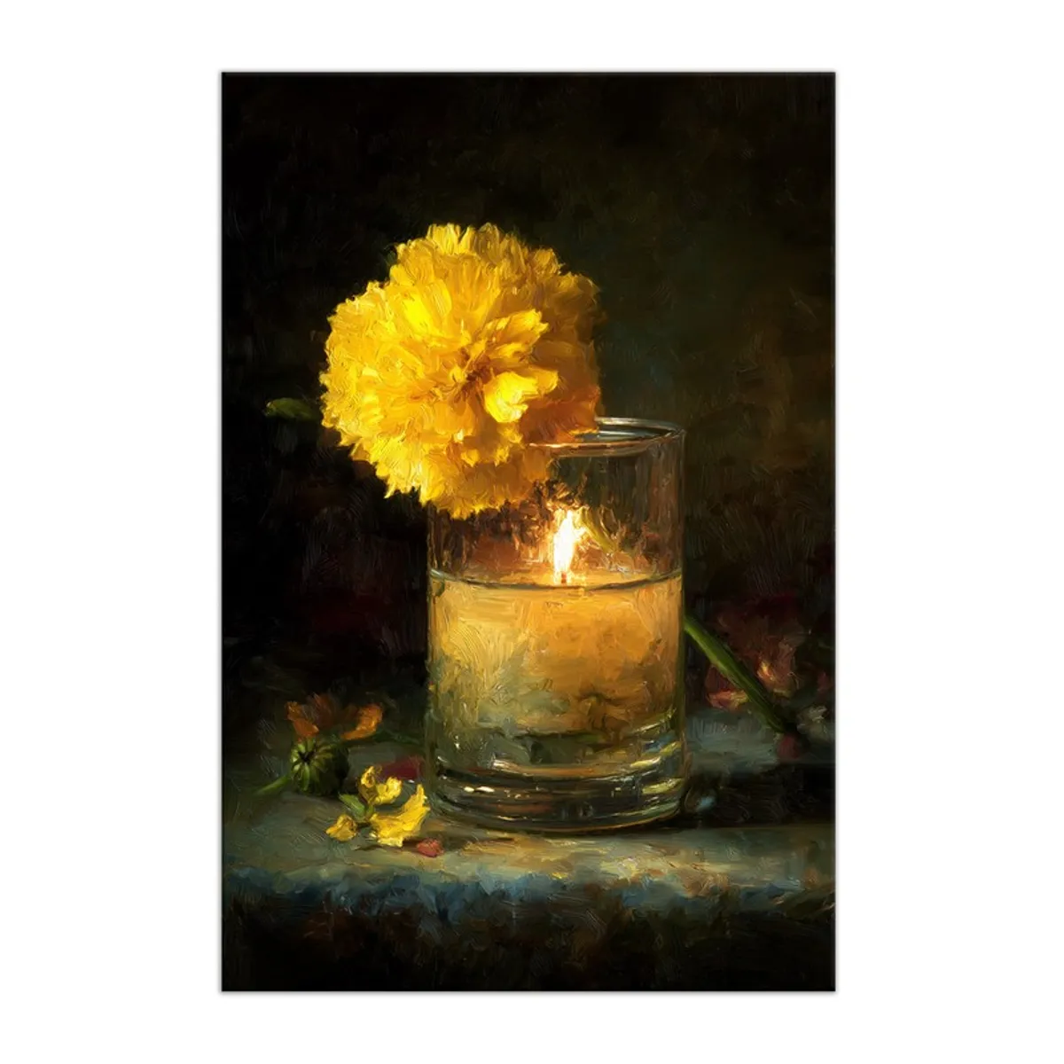 Rectangular canvas wall painting showing a candle in glass with a large yellow flower