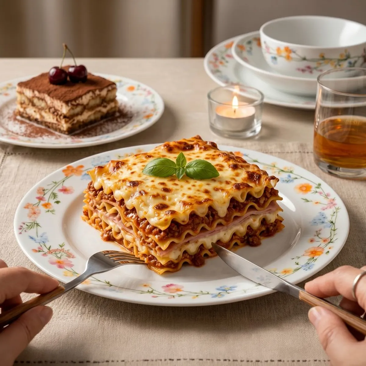 Floral rim plate styled with a serving of lasagne on a dining table