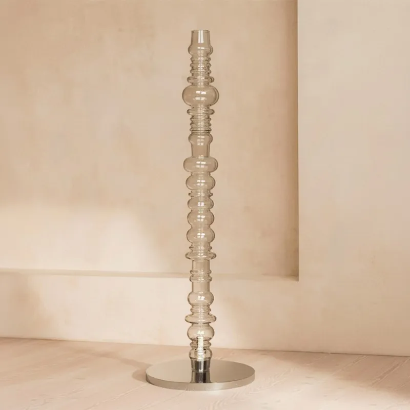 Crystal totem-style clear glass floor lamp with round metal base