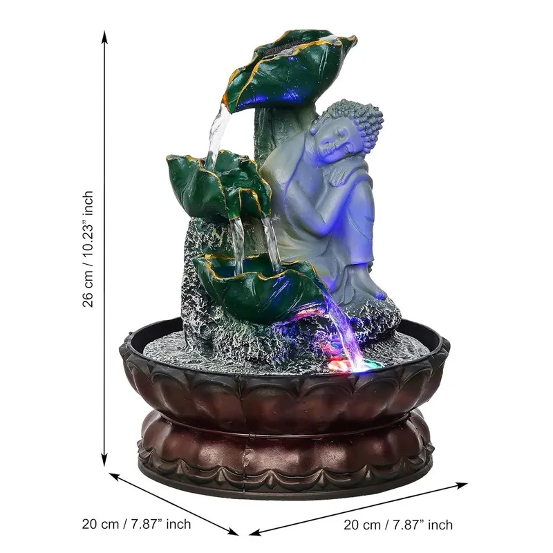 Buddha leaf fountain on white background with water flow visible