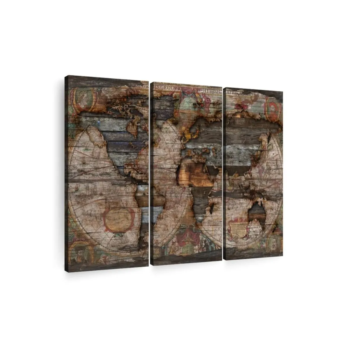Angled view of a three-panel vintage world map canvas set