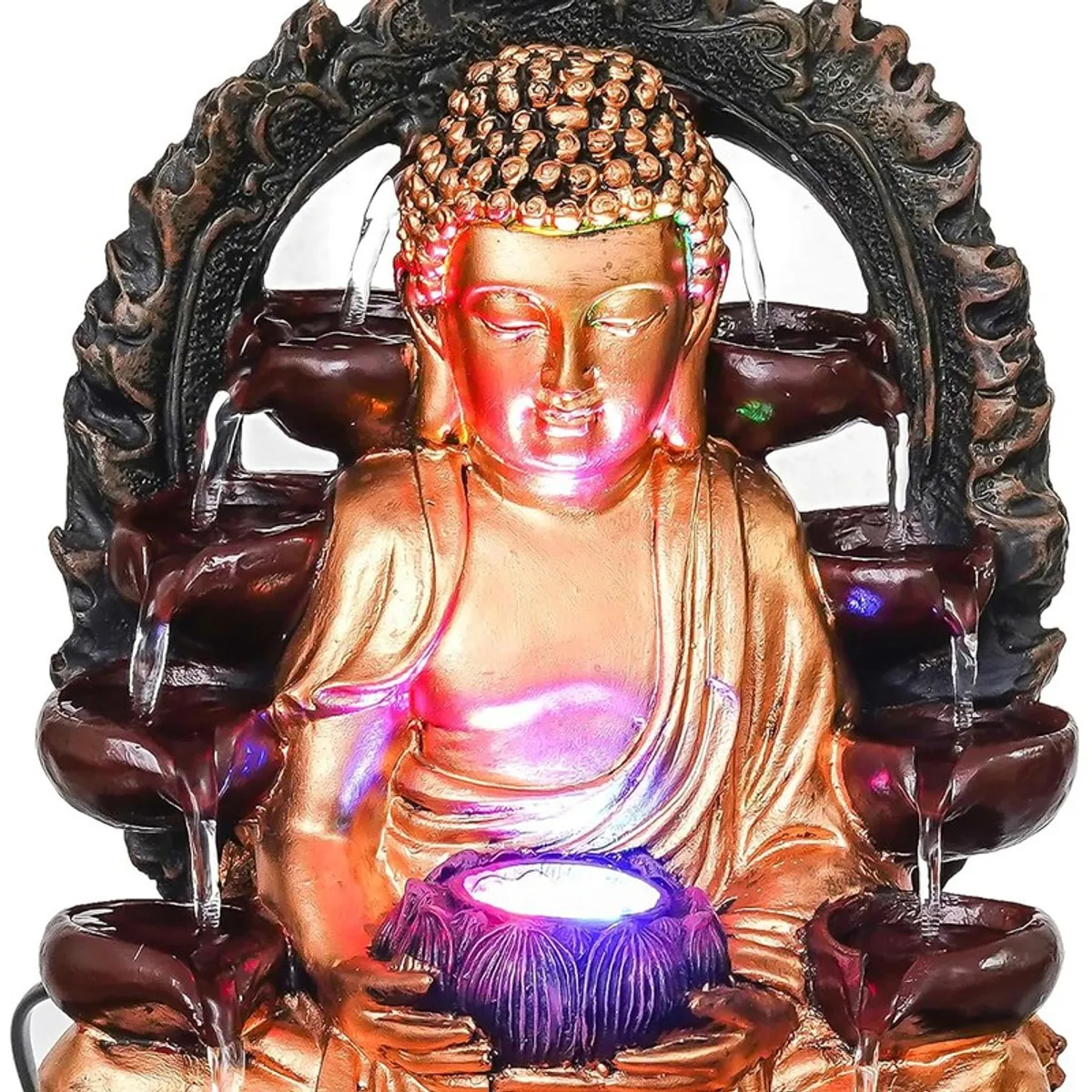 Close-up of the Buddha LED fountain front against a white background