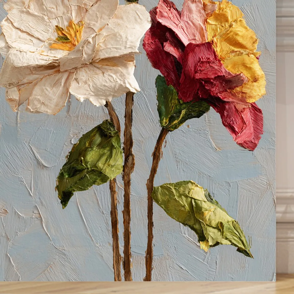 Close-up of textured multicolour flowers and leaves on canvas