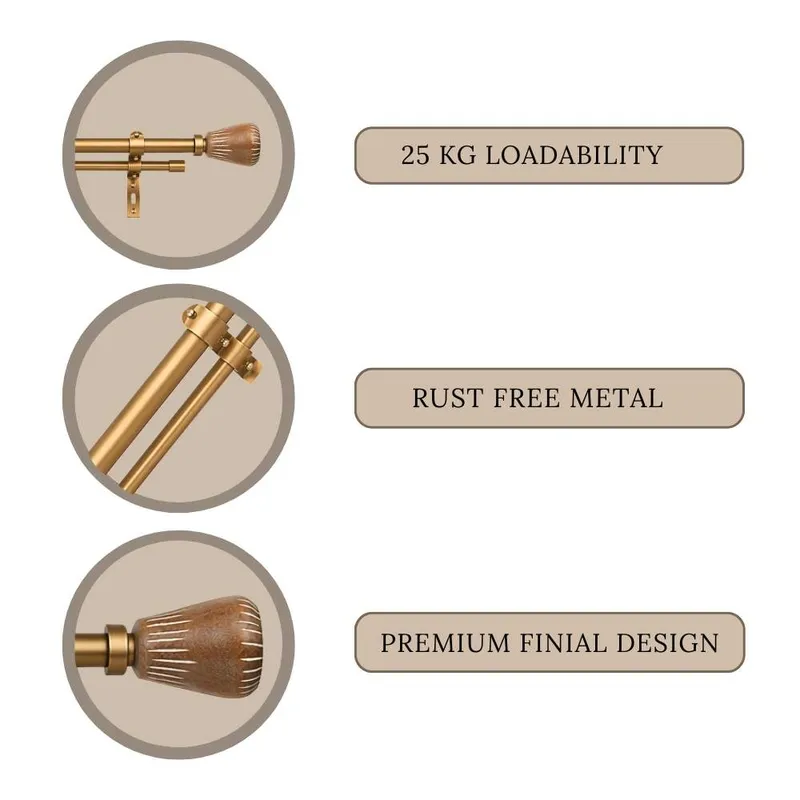 Double curtain rod with urn finial shown in metallic brown and gold finish