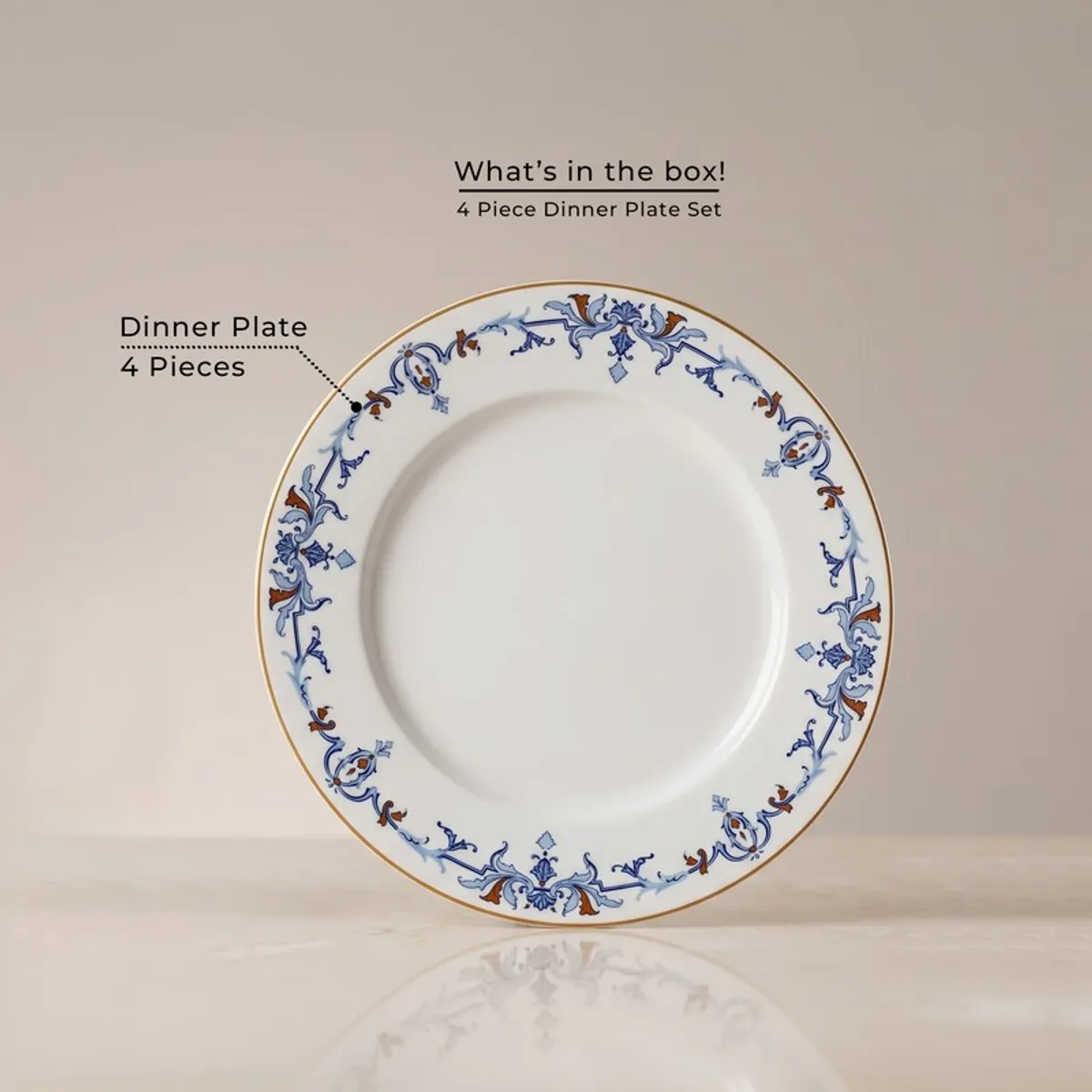 Single blue and white dinner plate with ornate border shown front on