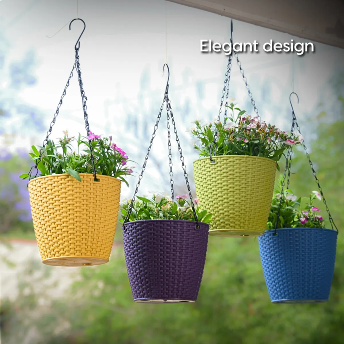 Four multicolour hanging planters shown together in a garden setting