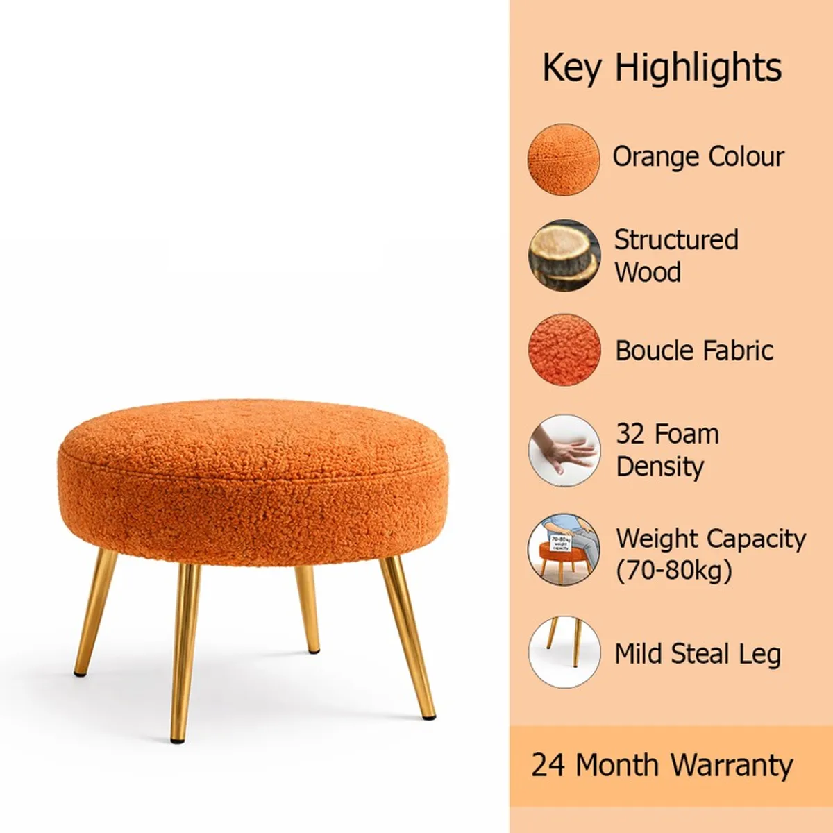 Orange stool with gold legs shown beside key highlights