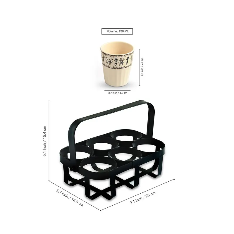 Tea cup and iron holder shown with 130 mL and size measurements