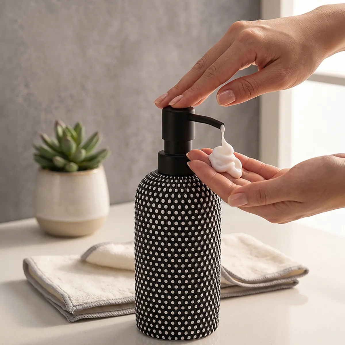 Hand pressing a black soap dispenser with dotted textured body