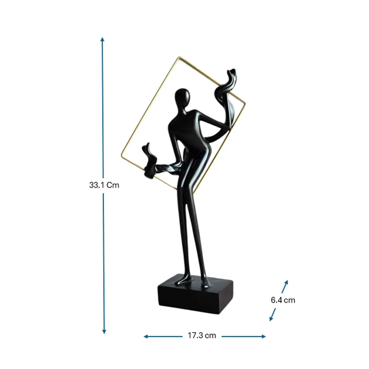 Black and gold figurine shown with dimensional arrows