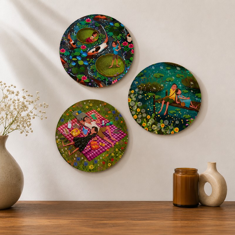 Verdant Dreams Ceramic Wall Plate - Set of Three
