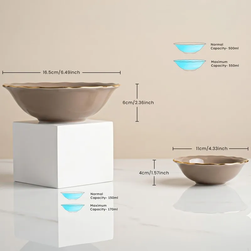 Grey serving bowl and katori with gold rims on display