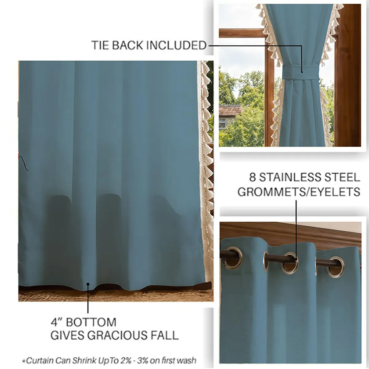 Blue curtain with decorative tassels and eyelets shown with care feature graphics