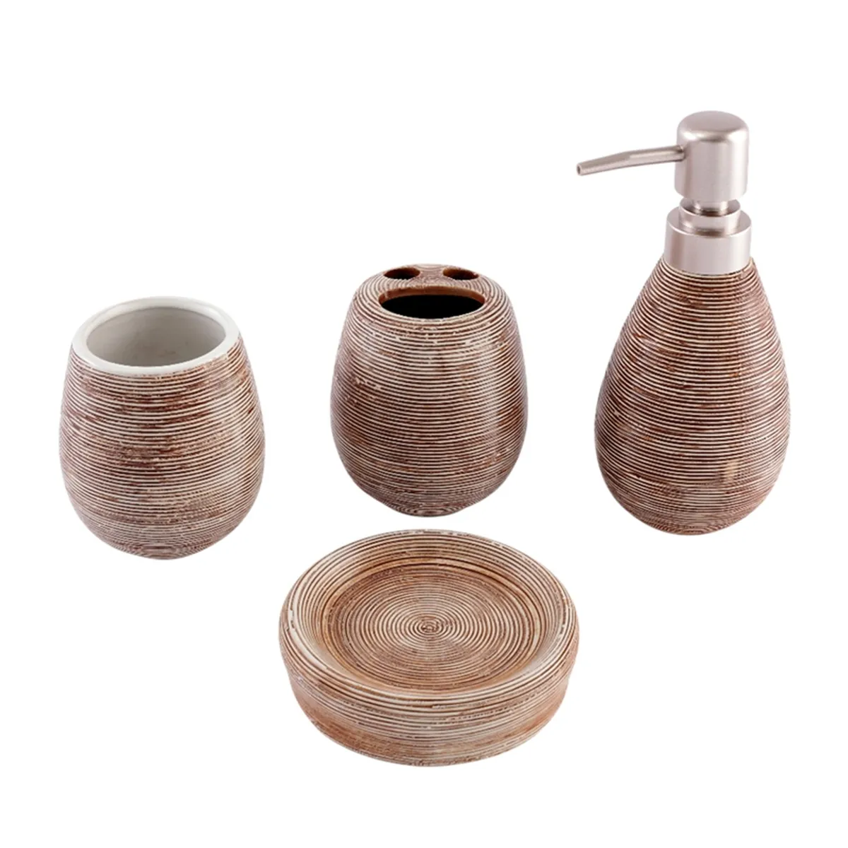 Four brown ceramic bathroom accessories arranged on a white background