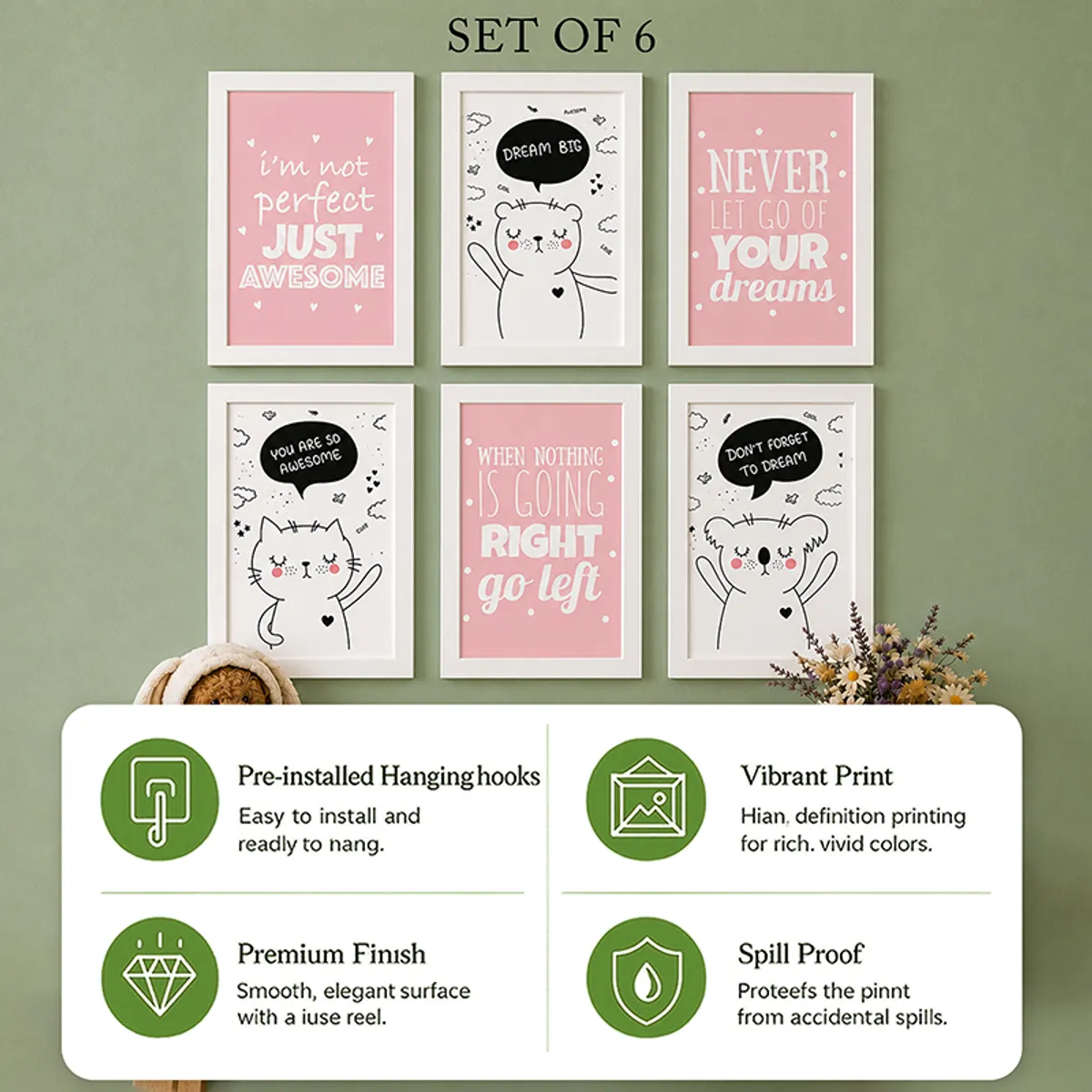 Six white-framed wall art pieces arranged in two rows against a muted green backdrop.