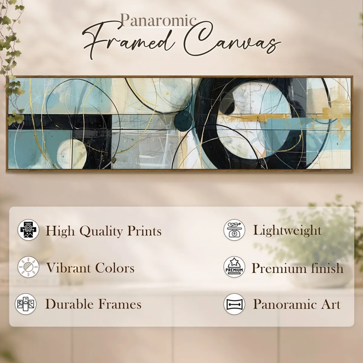 Panoramic framed abstract canvas in blue, black and gold against a softly lit wall
