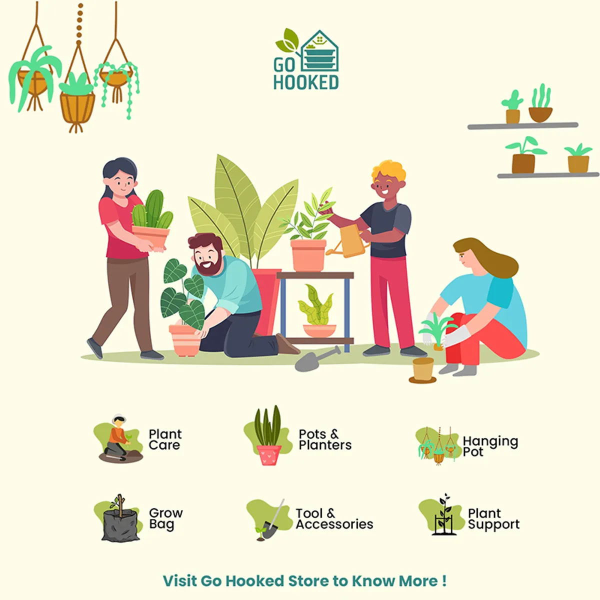 Illustrated gardening scene with people, plants and brand icons