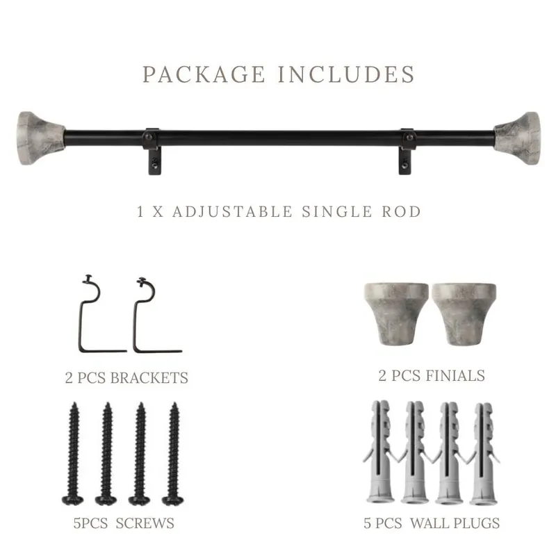 Curtain rod set with rod, brackets, finials, screws and wall plugs