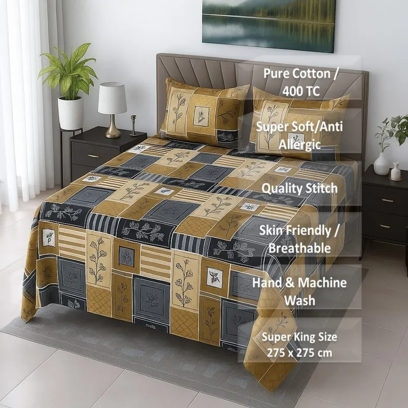 Styled bedroom view with brown and navy printed bedsheet and pillow covers