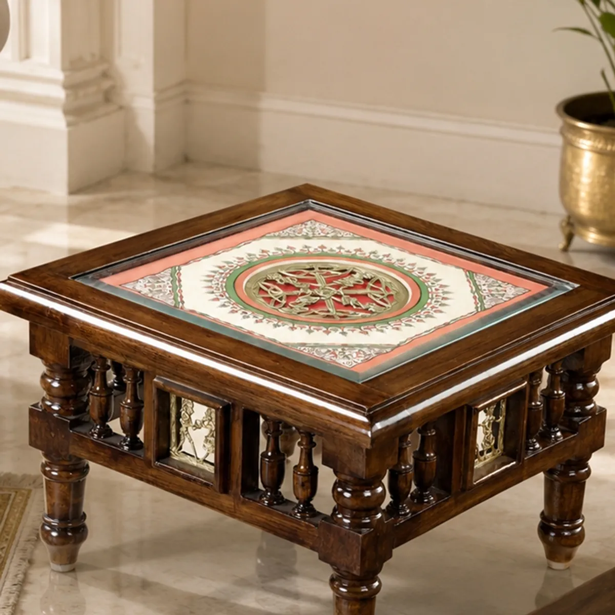 Close view of brown square side table with decorative multicolour tabletop