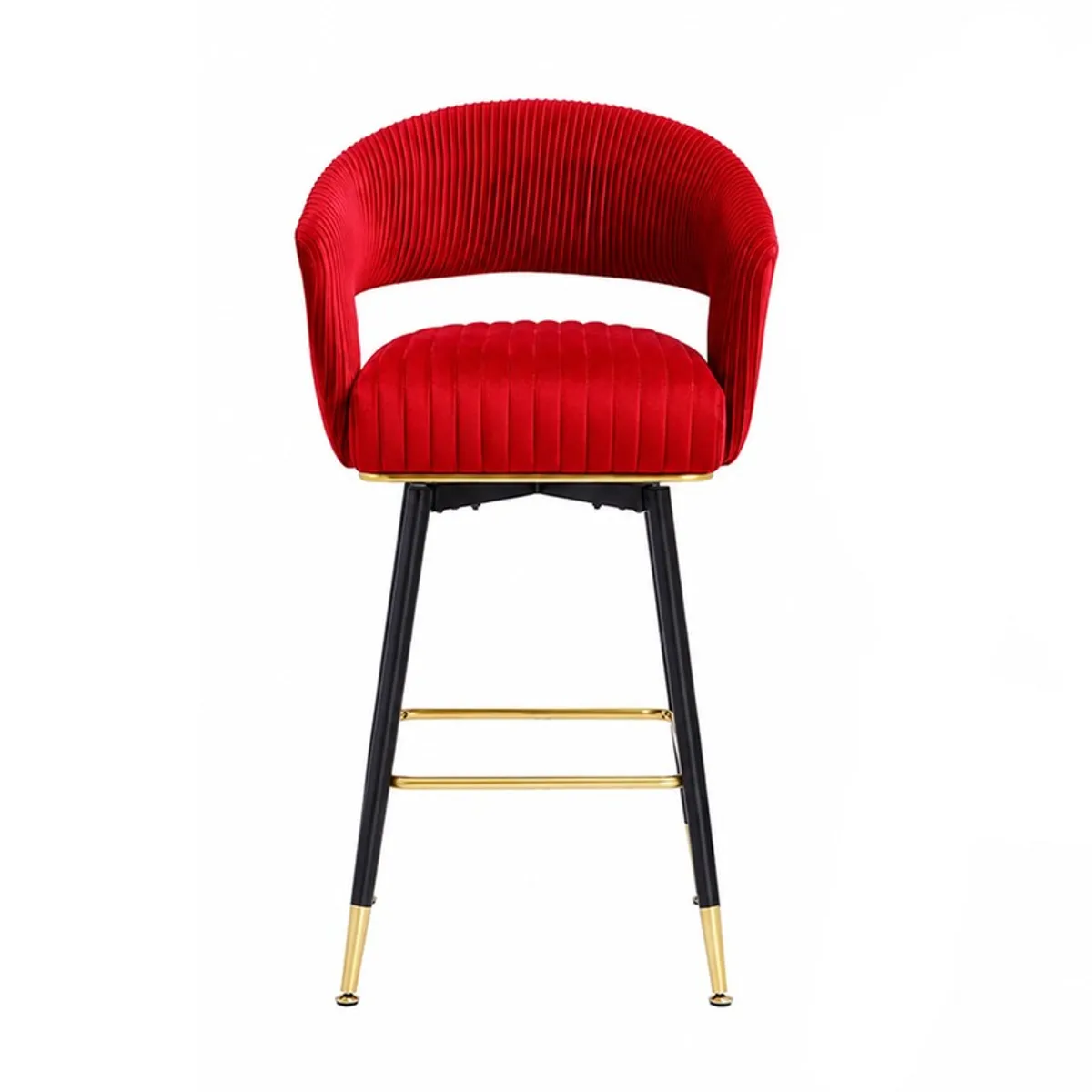 Front view of a red velvet bar stool on a white background