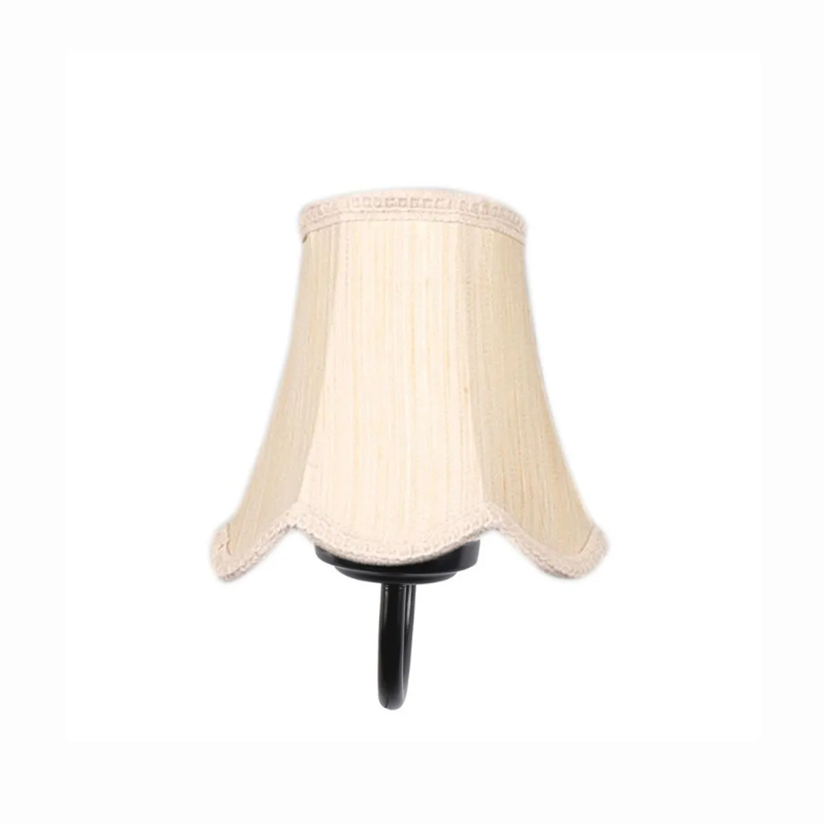 Lit white cotton-shade wall lamp with a black base on a plain background